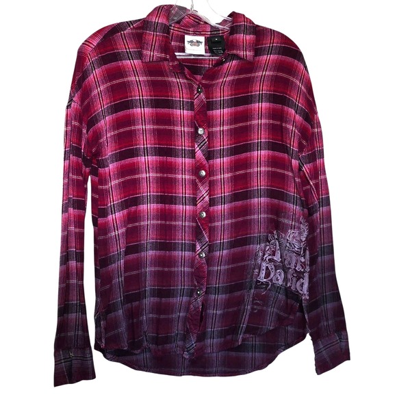 Harley-Davidson Flannel Ombre Plaid Logo Women's size Small Biker Shirt - Picture 4 of 8